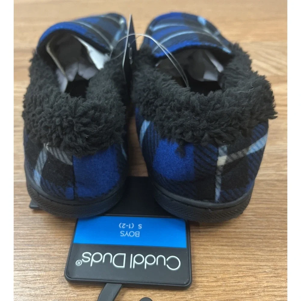 Cuddl Duds Youth Boys Slippers Size Small (1-2) Blue/Black Plaid NEW